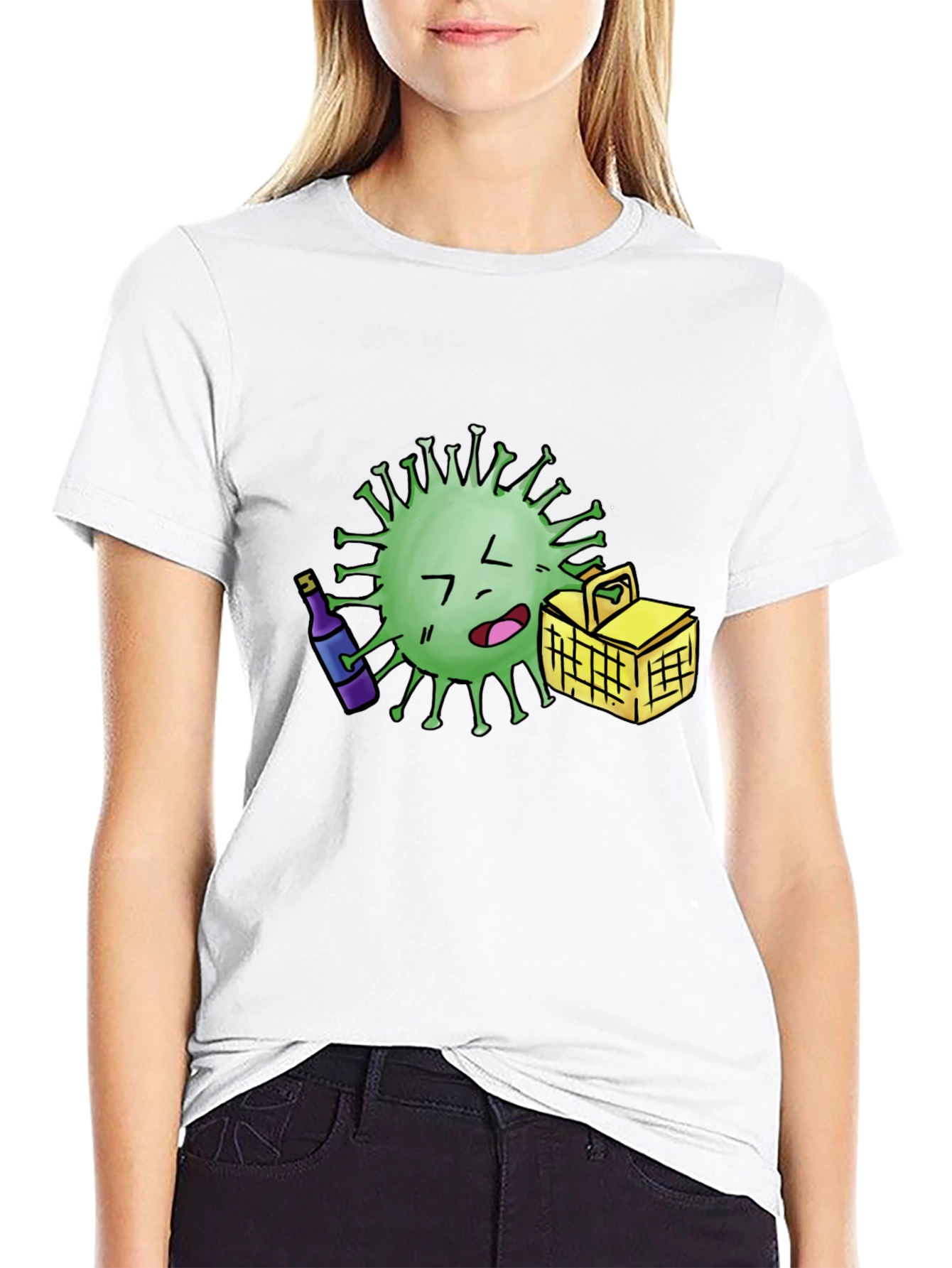 Novelty Cartoon Virus Picnic T-Shirt - Black