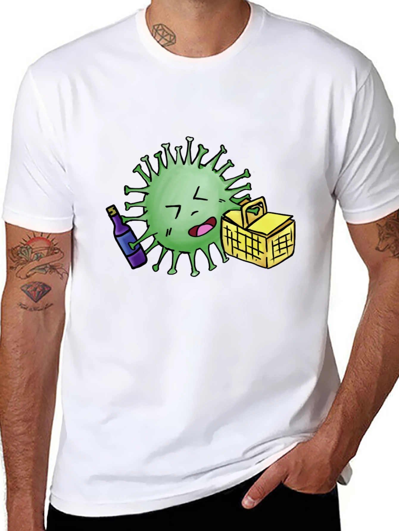 Novelty Cartoon Virus Picnic T-Shirt - Black