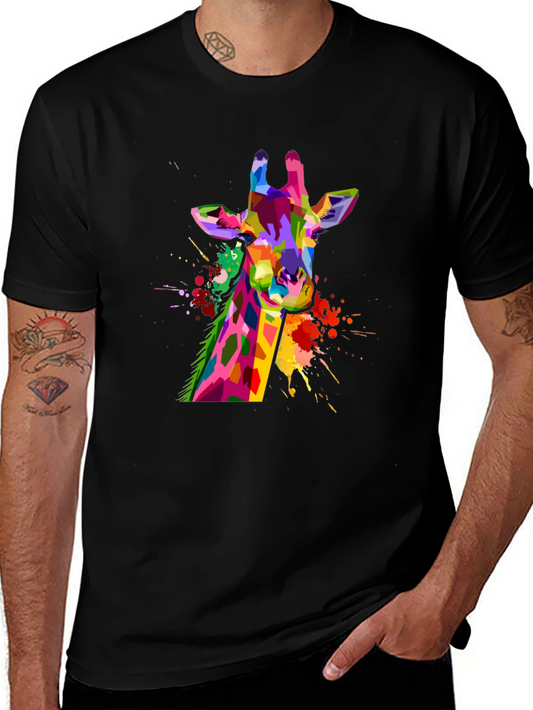 Colorful Giraffe Graphic Black T-Shirt