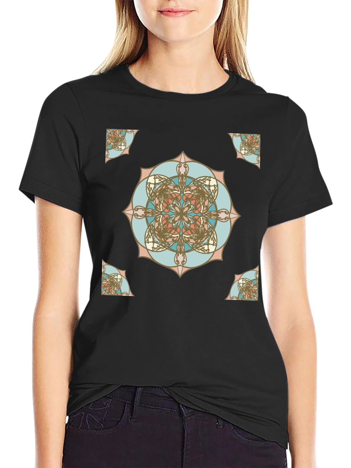 Geometric Mandala Print Black T-Shirt