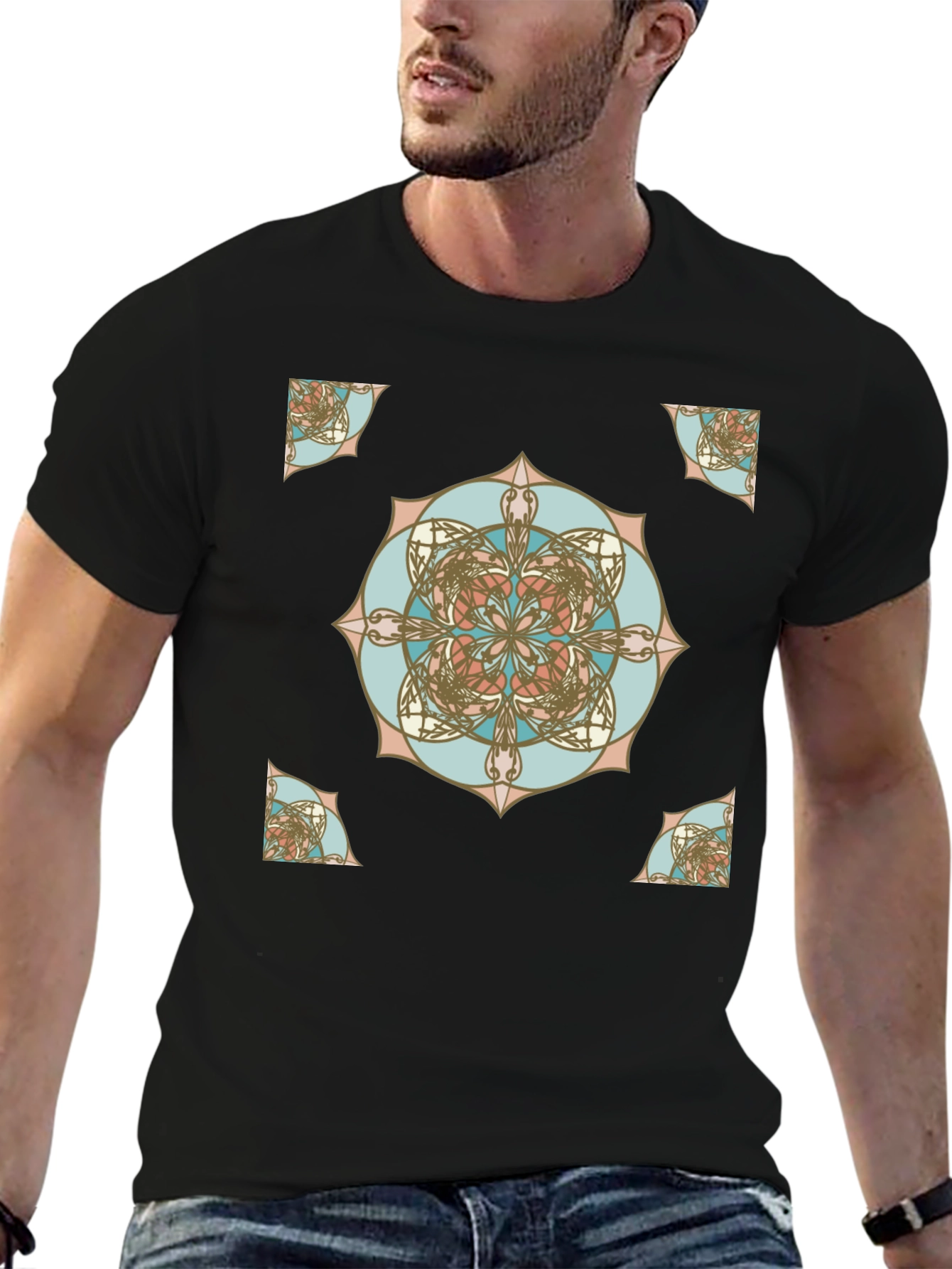 Geometric Mandala Print Black T-Shirt