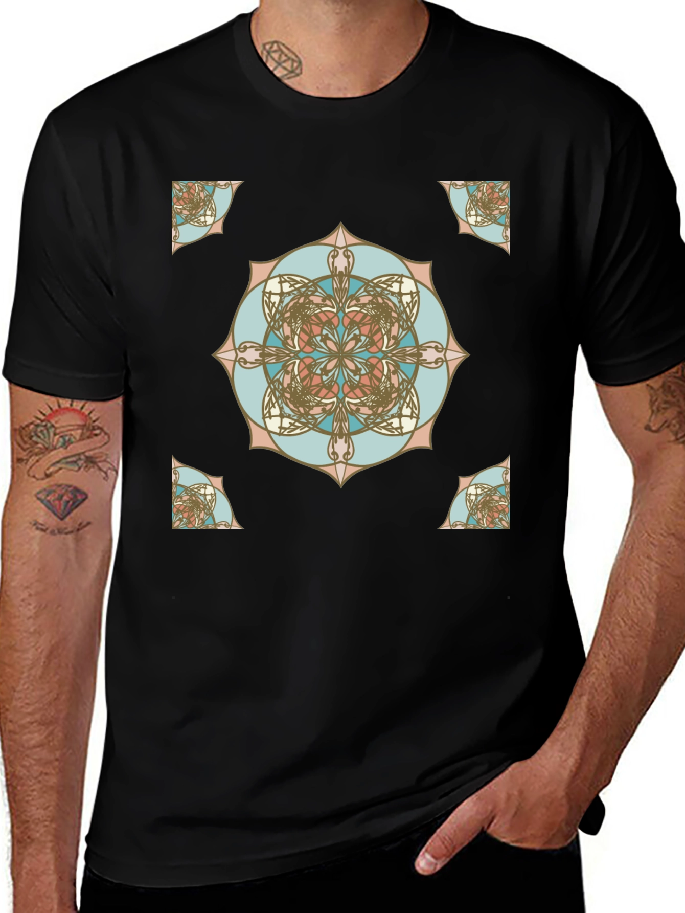 Geometric Mandala Print Black T-Shirt