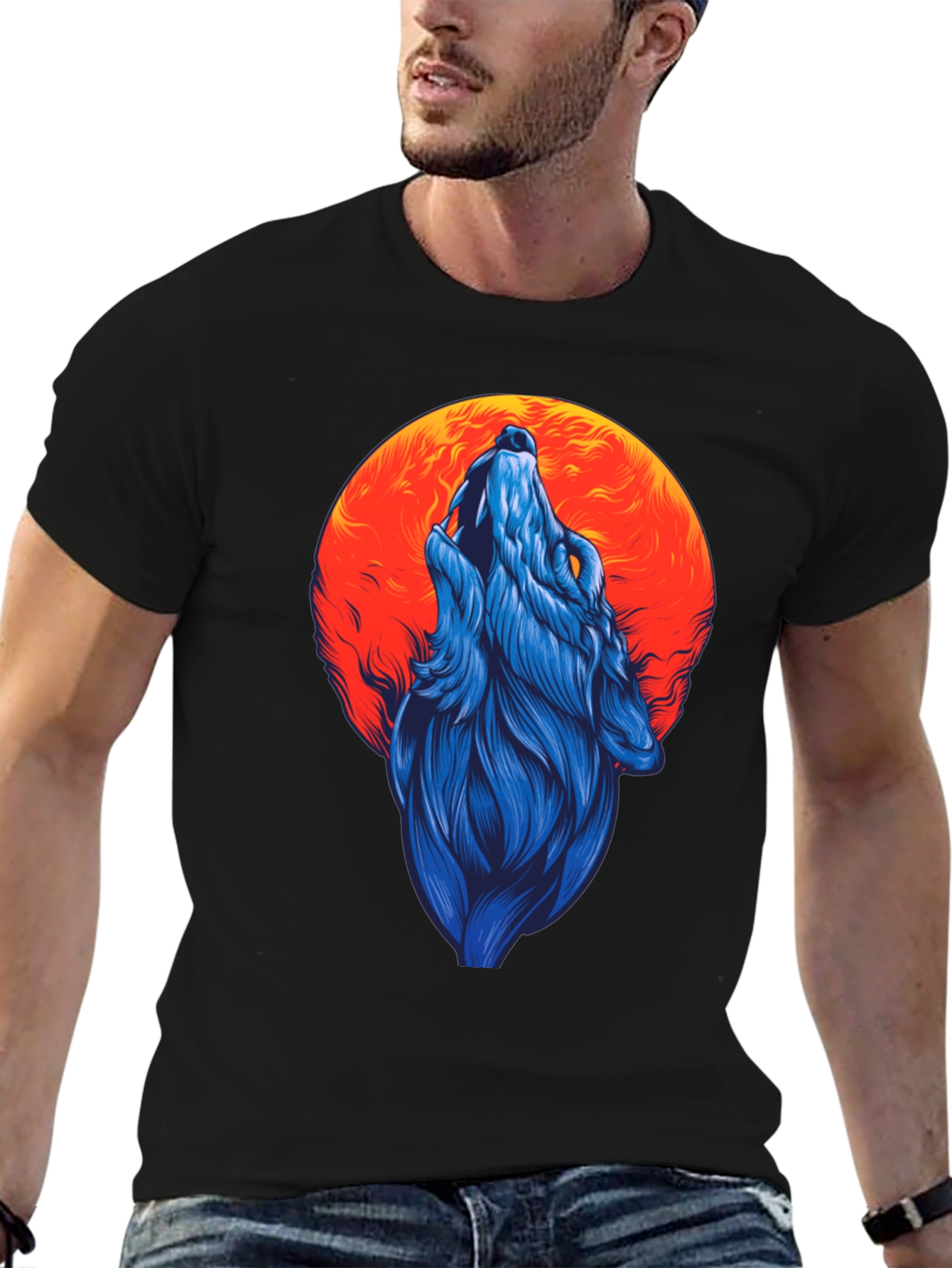 Wolf Howling at Moon Graphic Tee - Black