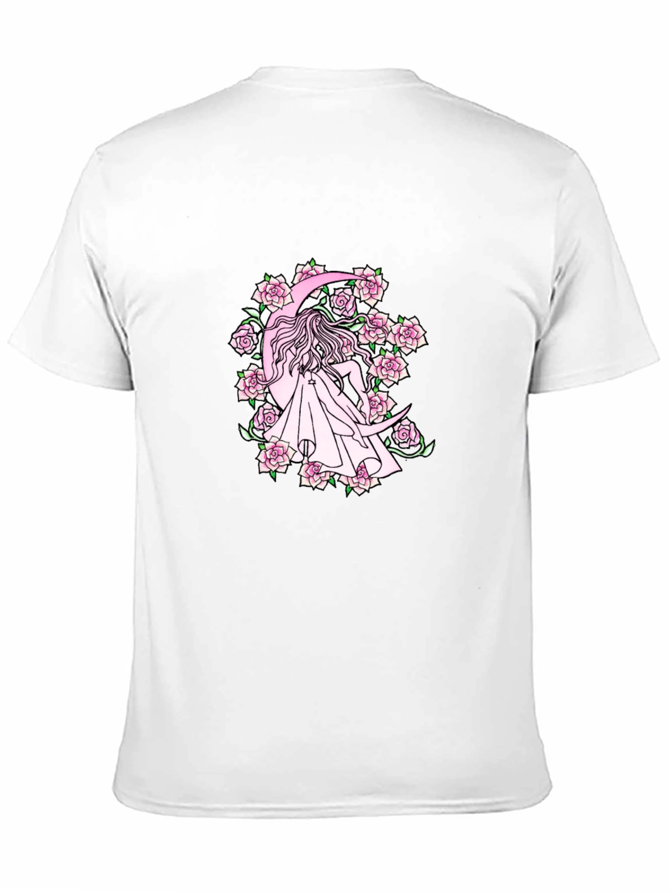 Black T-Shirt with Moon & Roses Design