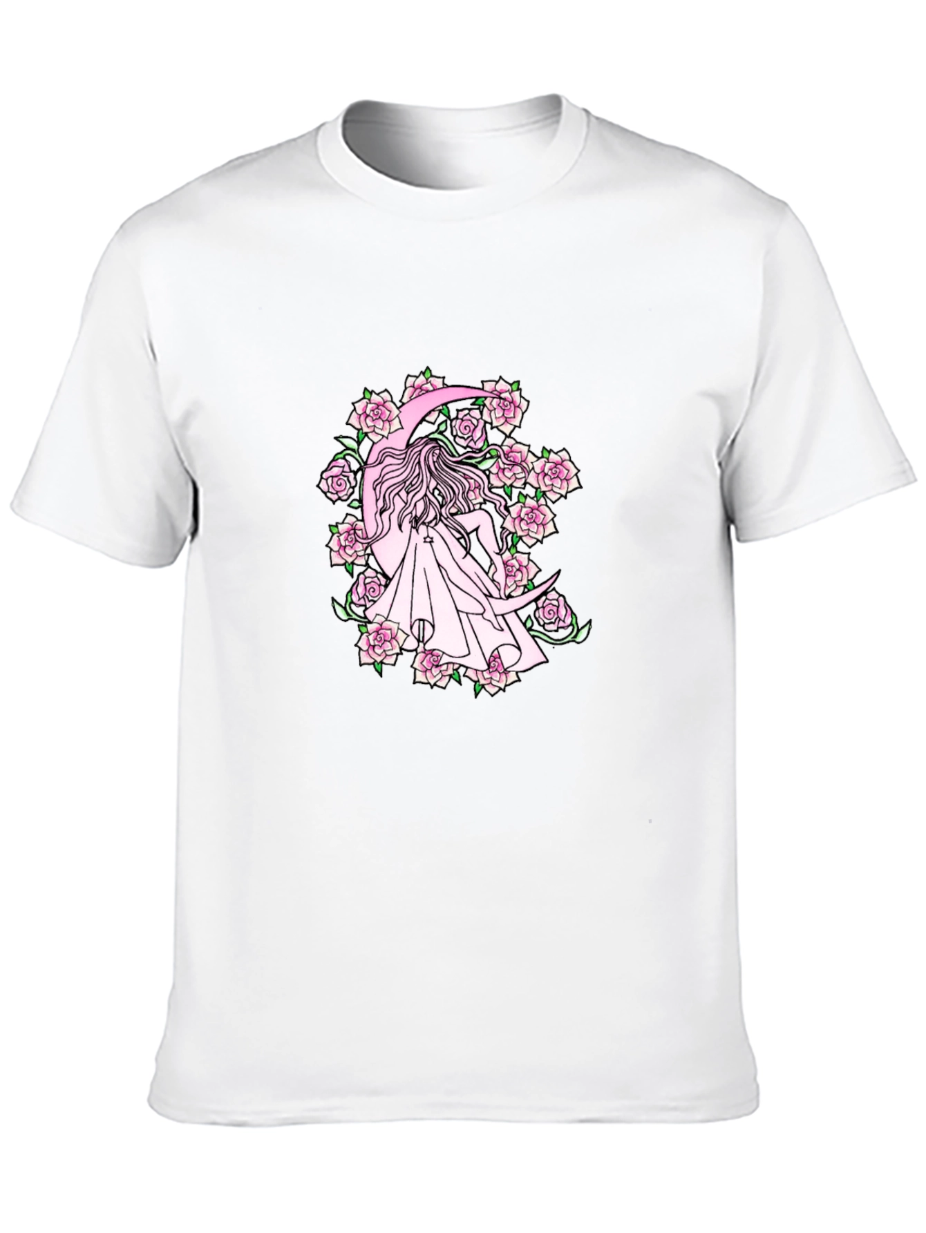 Black T-Shirt with Moon & Roses Design