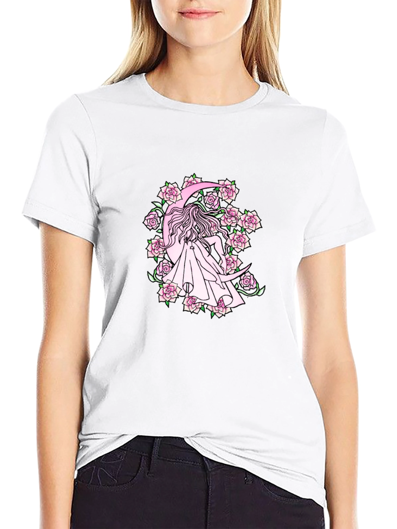 Black T-Shirt with Moon & Roses Design
