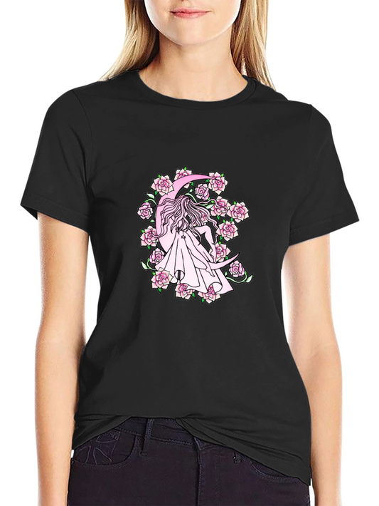 Black T-Shirt with Moon & Roses Design
