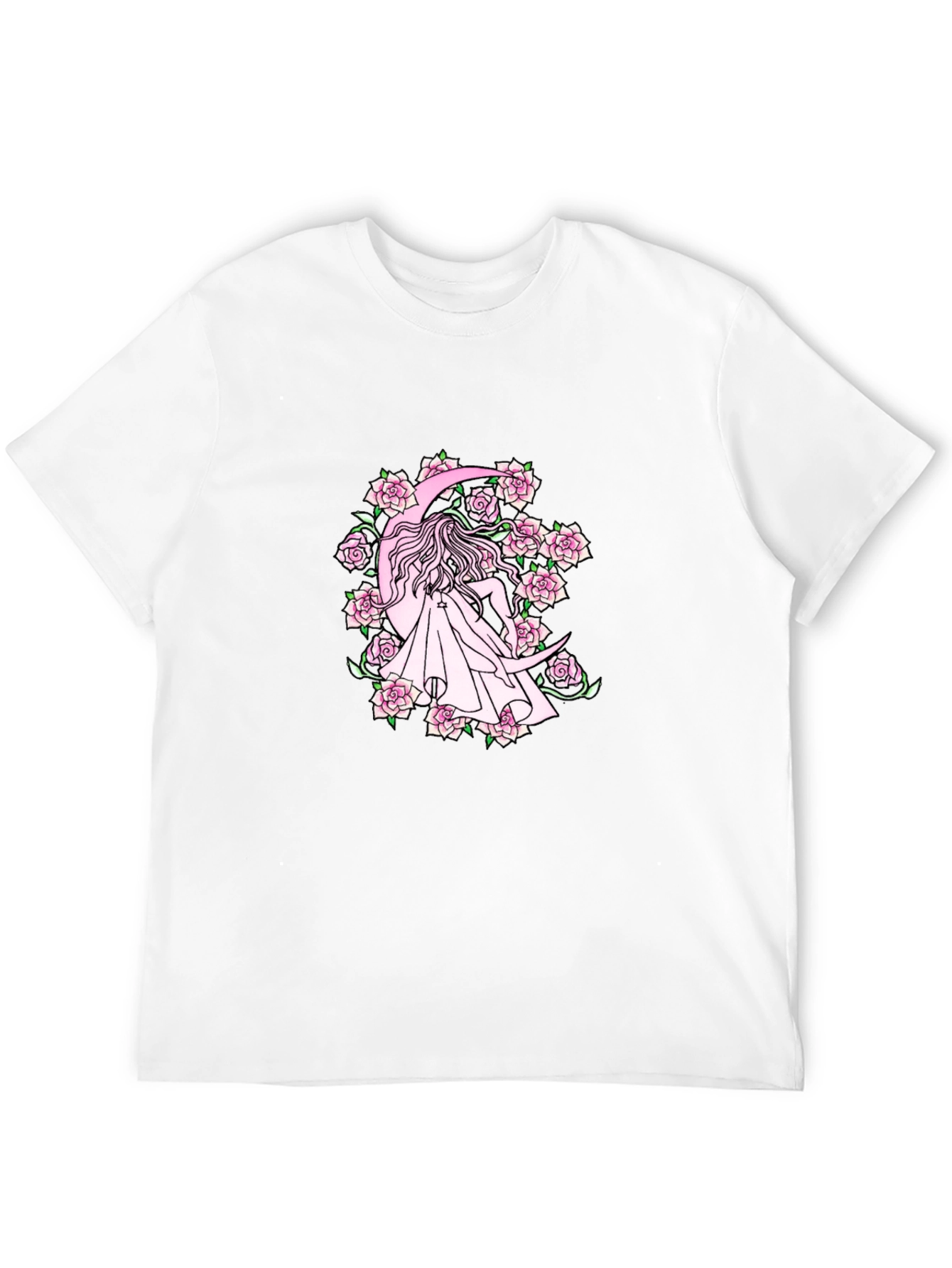 Black T-Shirt with Moon & Roses Design