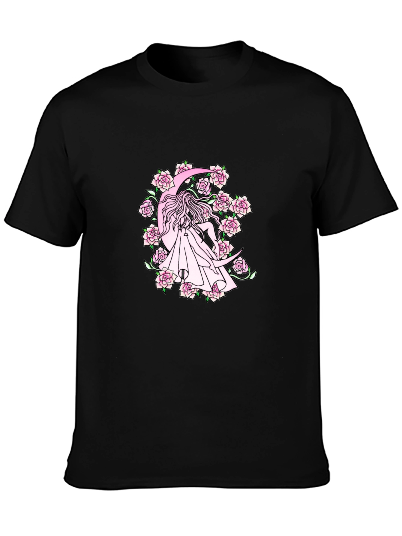 Black T-Shirt with Moon & Roses Design