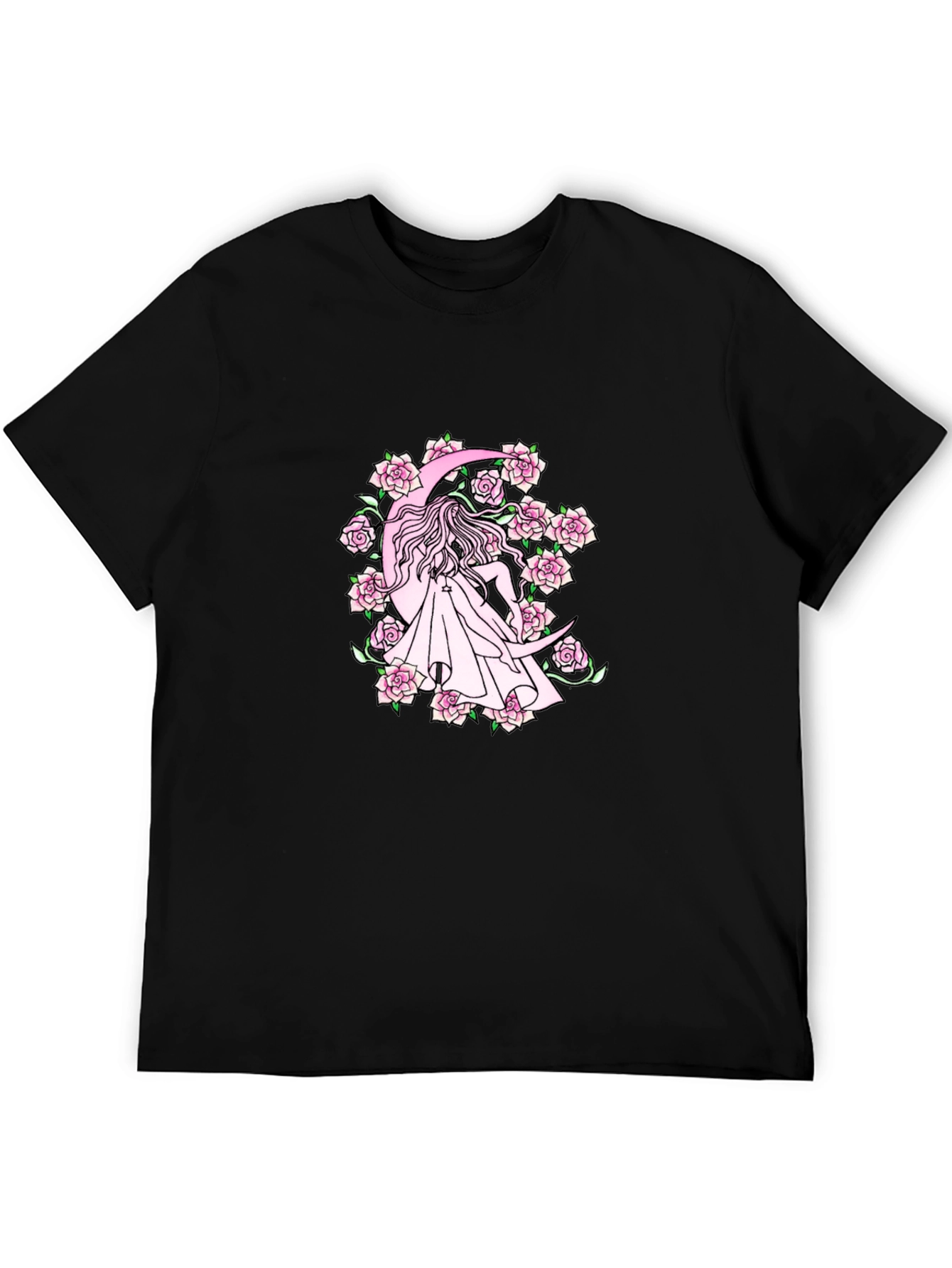 Black T-Shirt with Moon & Roses Design