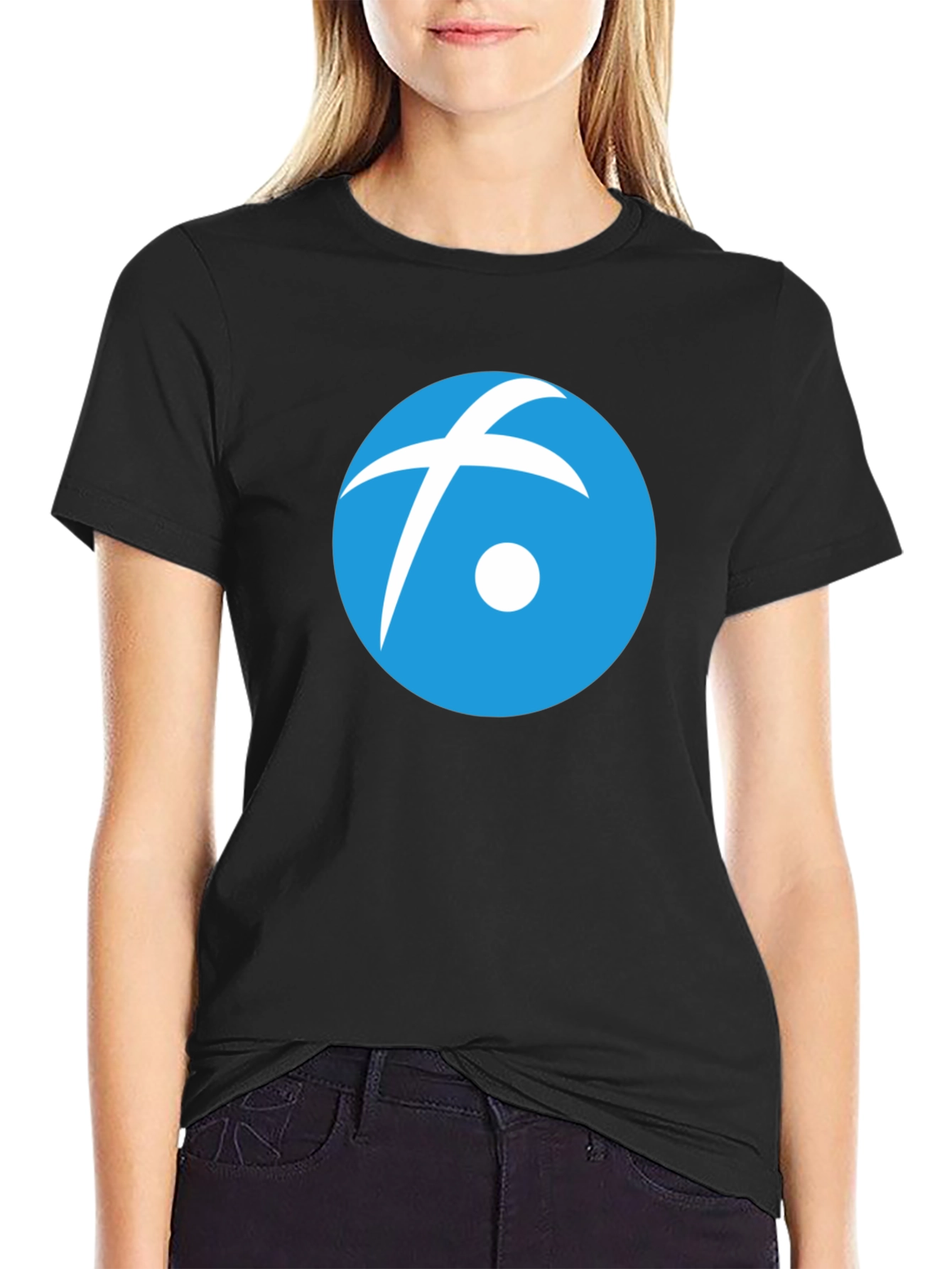 Black T-Shirt with Blue Circle Logo Graphic