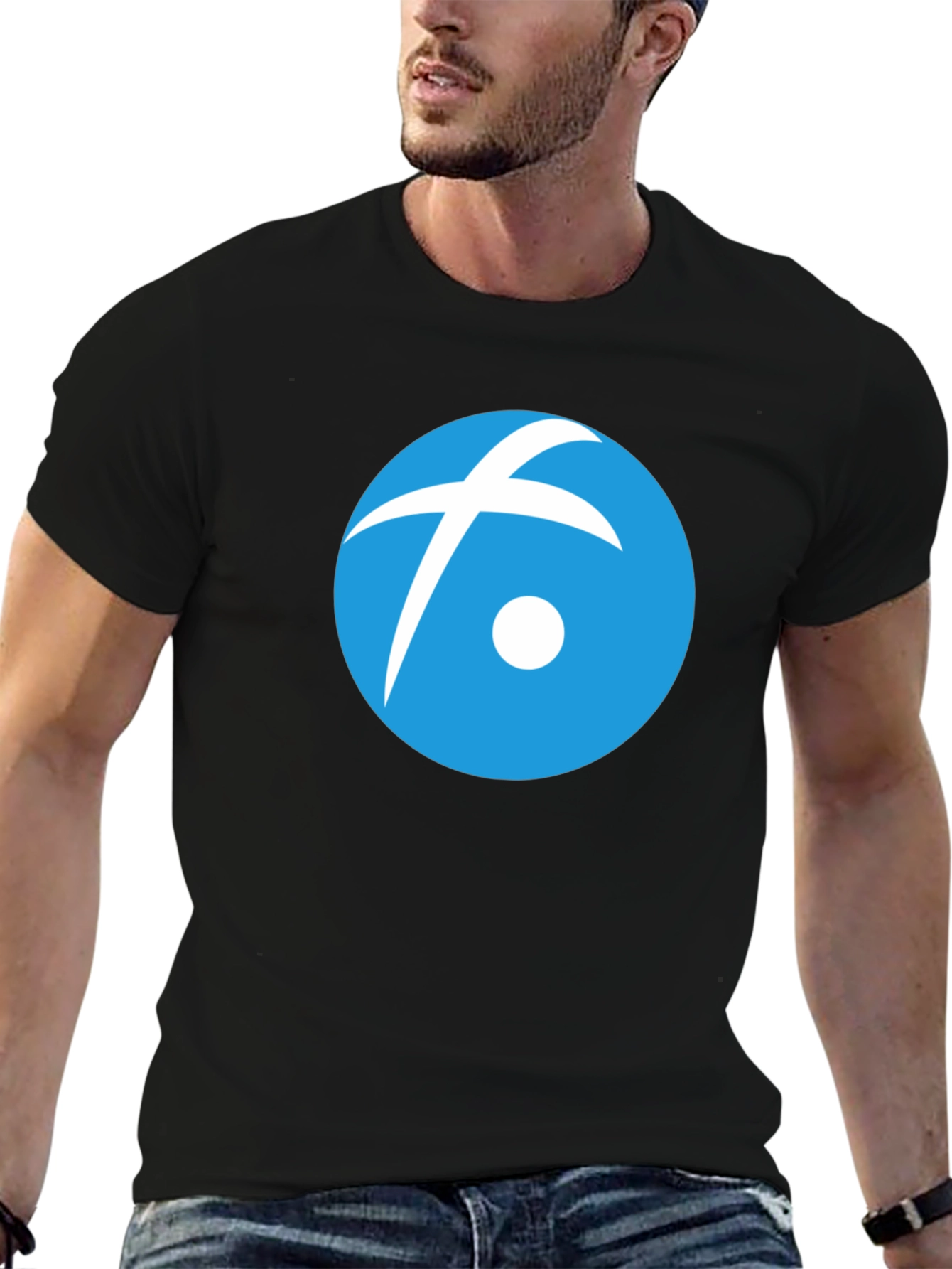 Black T-Shirt with Blue Circle Logo Graphic