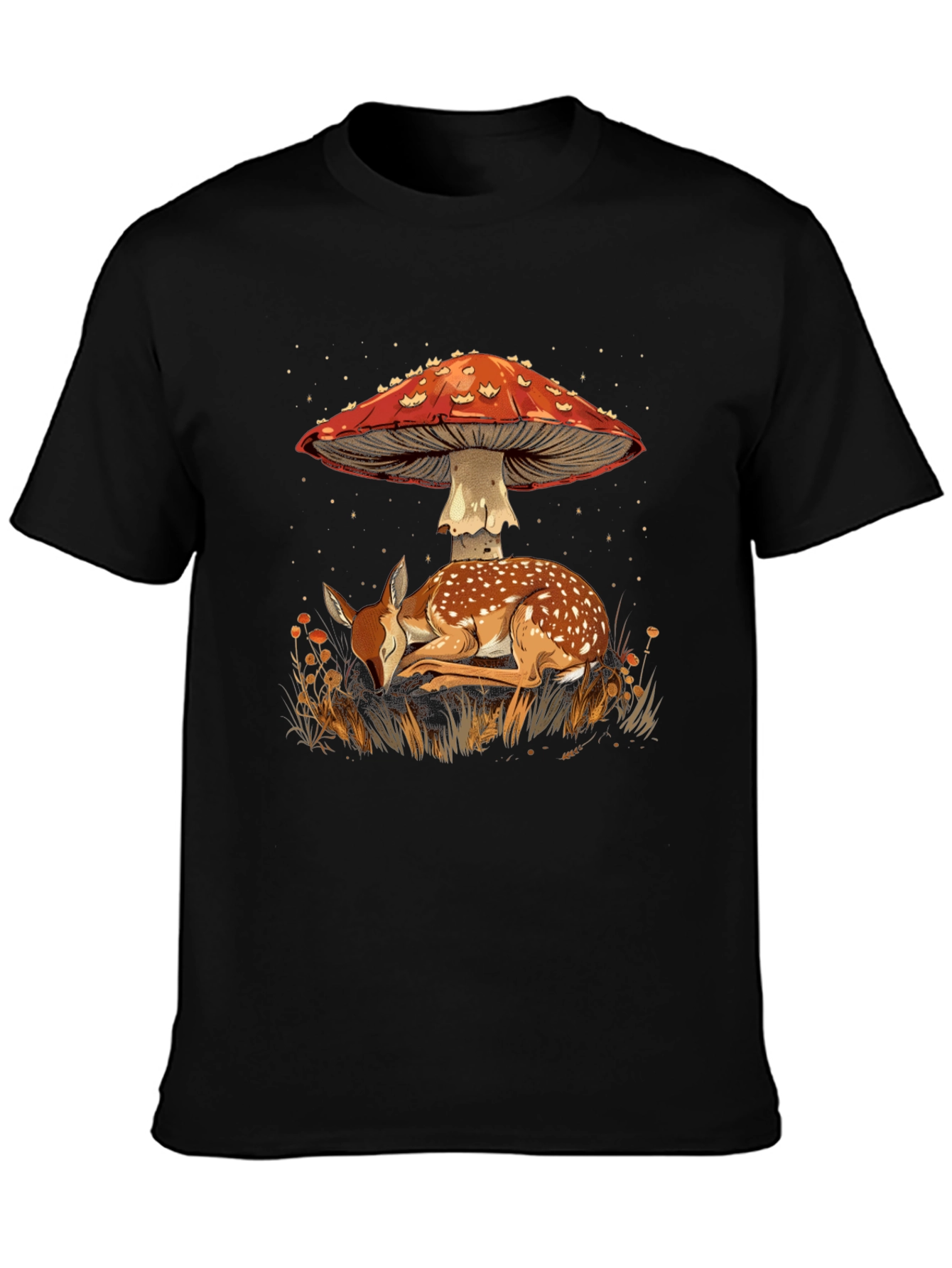 Mushroom Deer Graphic Tee - Nature Inspired Black T-Shirt