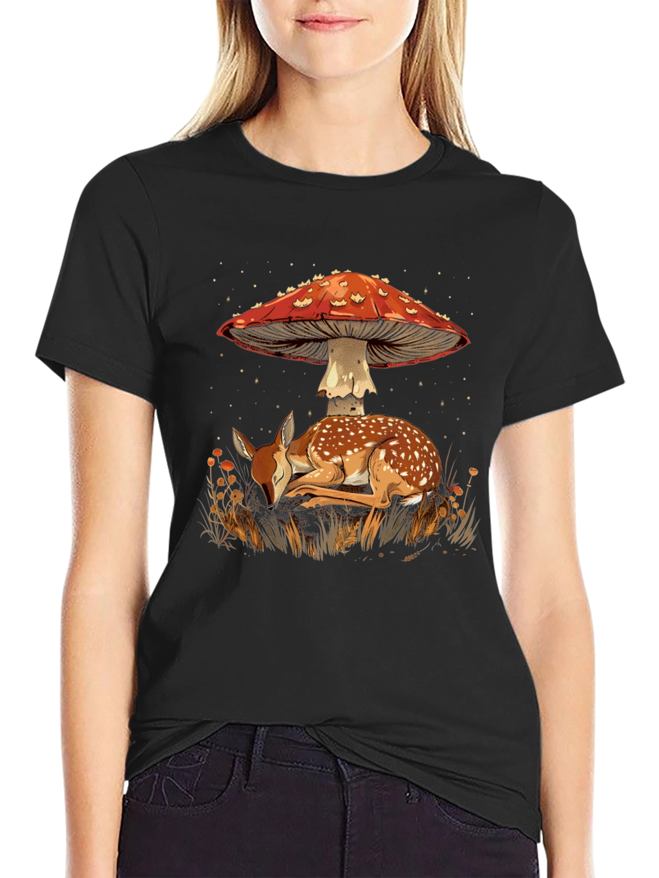 Mushroom Deer Graphic Tee - Nature Inspired Black T-Shirt