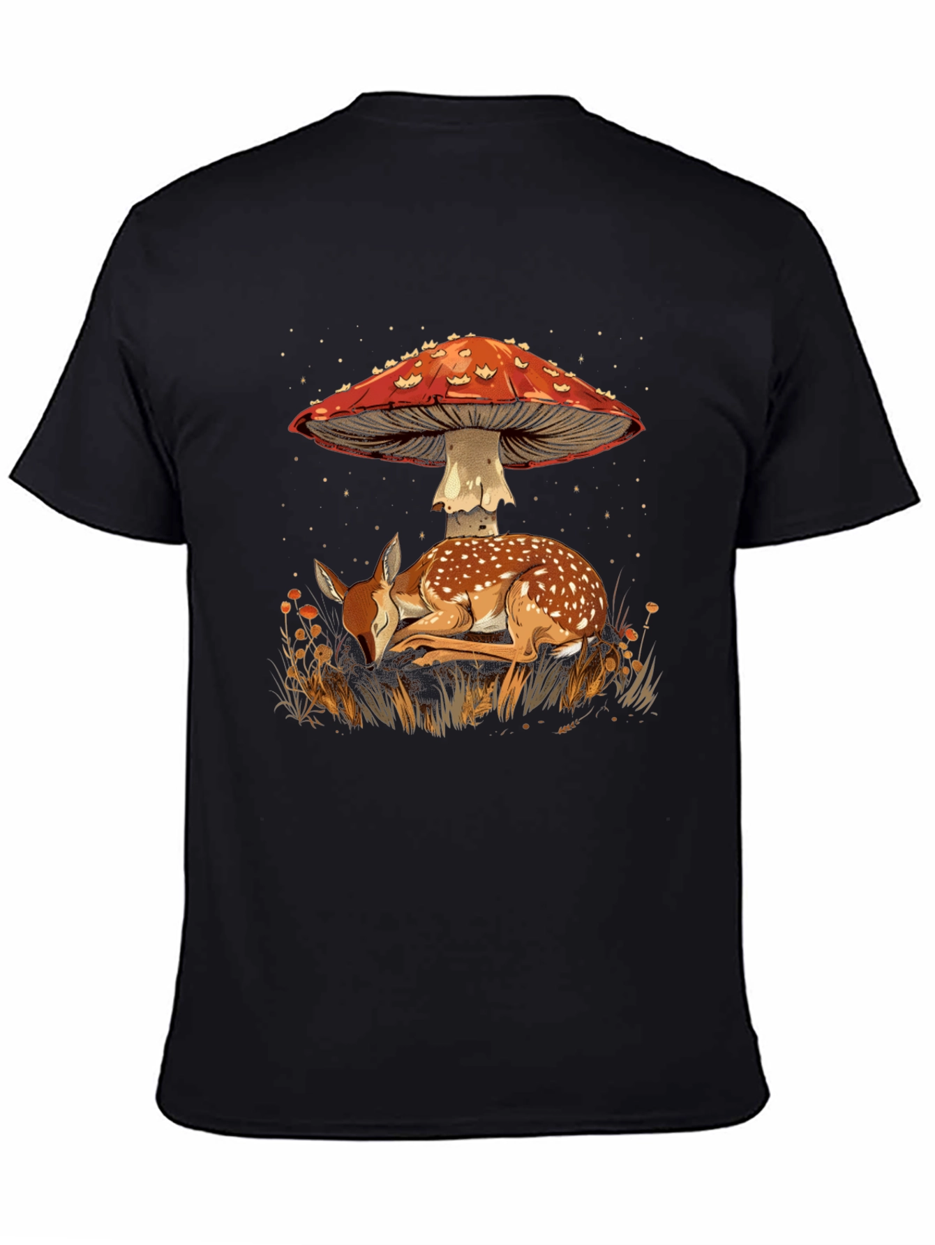 Mushroom Deer Graphic Tee - Nature Inspired Black T-Shirt