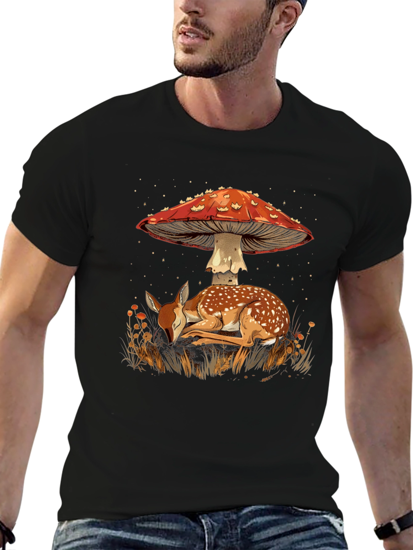 Mushroom Deer Graphic Tee - Nature Inspired Black T-Shirt