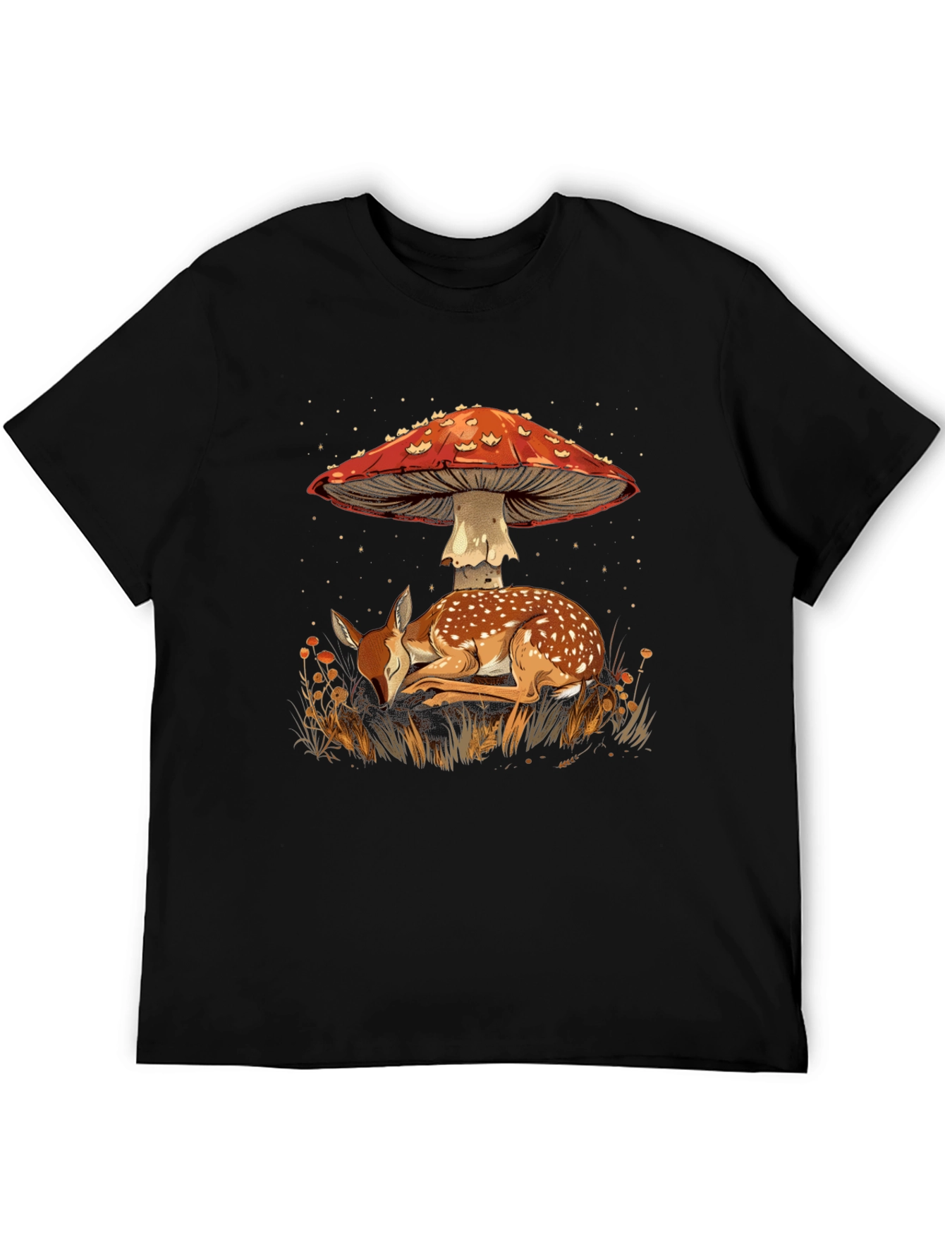 Mushroom Deer Graphic Tee - Nature Inspired Black T-Shirt