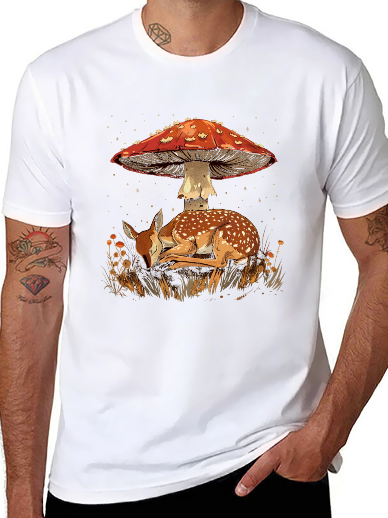 Mushroom Deer Graphic Tee - Nature Inspired Black T-Shirt